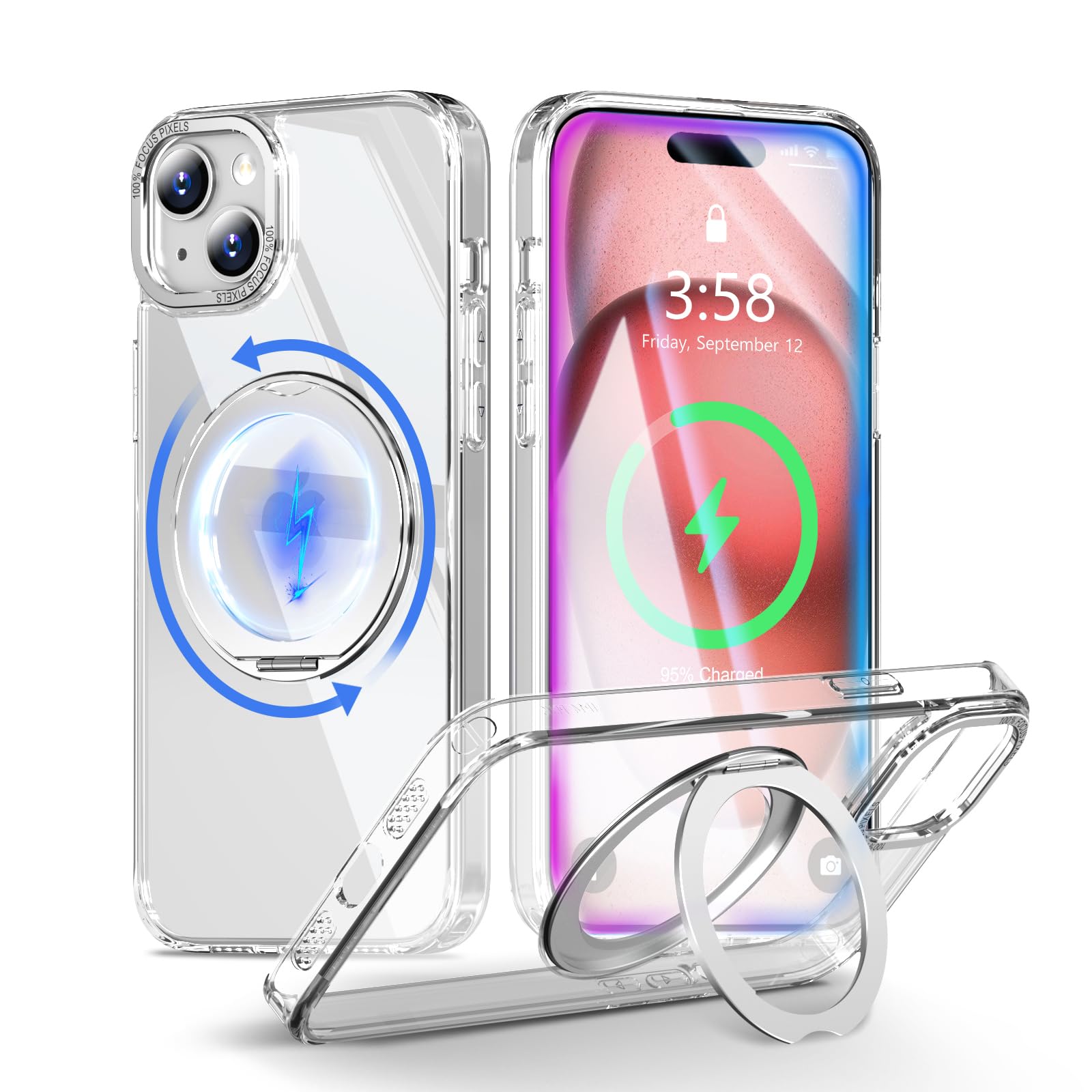 MINIKA iPhone 15 用 ケース Magsafe対応 360度回転 スタンド付き 多機能 スマホケース【クリア】 | いPhone15 ケース あいふおん15 アイフォン15 携帯カバー 最大25Wの高速充電 米軍MIL規格 耐衝撃 傷つ