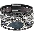 Essential Oil Diffuser Wrap Bracelet - Stainless Steel Magnetic Locket Cuff Bangle Leather Band 8 Colors Pads Gift Set Girls 