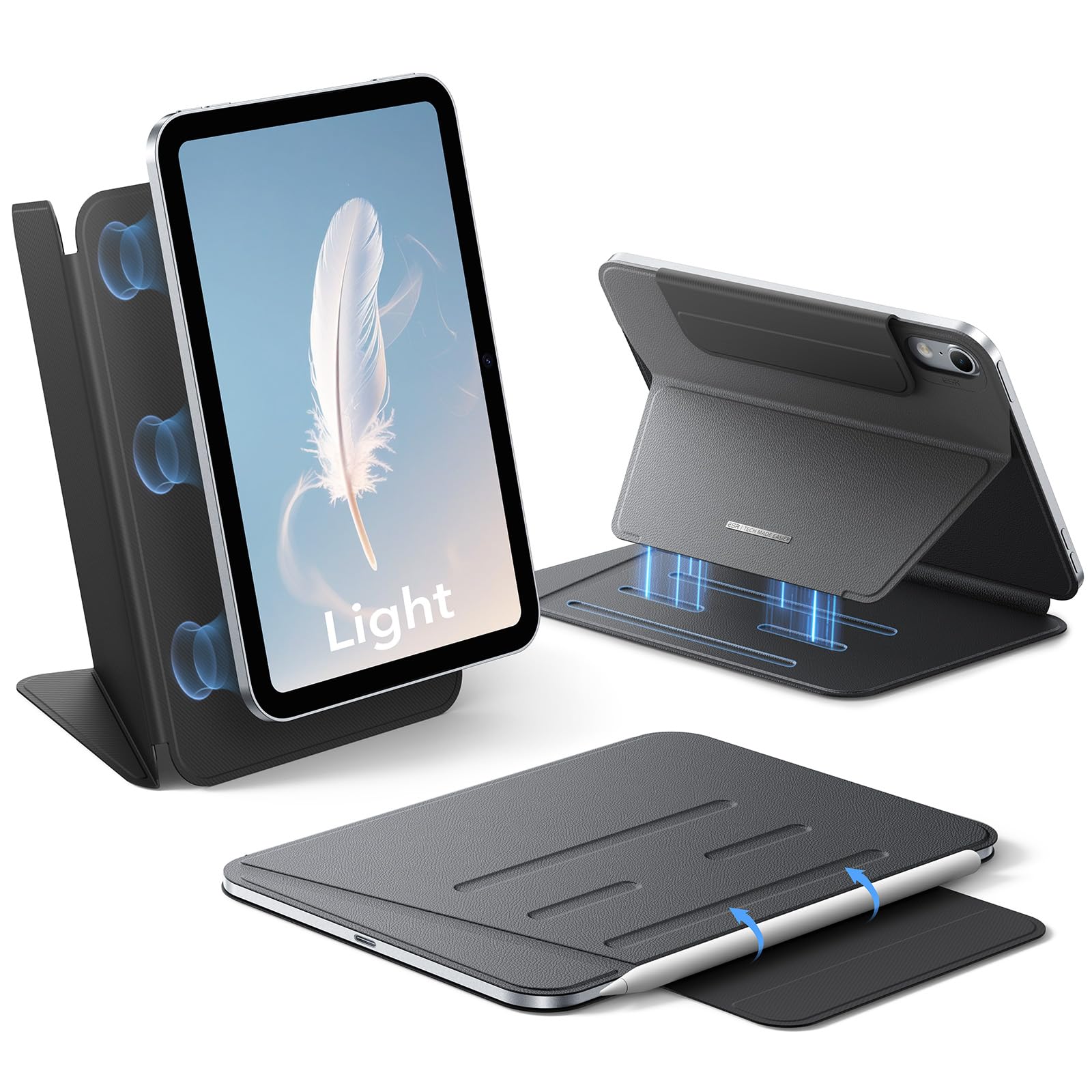 ESR iPad mini 8 ケース (A20 Pro, 2026) 対応 マグネット吸着式 AirStanceシリーズ ブラック | ipad mini カバー 8.5インチ 超薄型、多角度スタンド、強力なマグネット吸着、2色配色、オートスリープ
