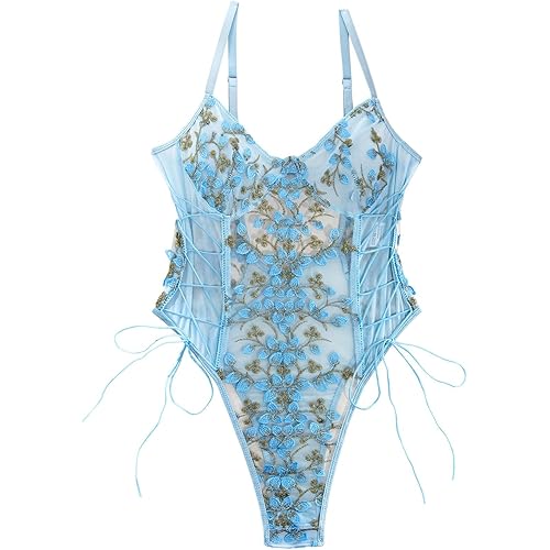 Lilosy Women Sexy Lace Up Floral Embroidered Teddy Lingerie Bodysuit Top Mesh Sheer One Piece