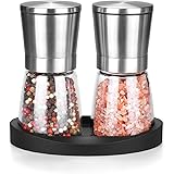 vkchef ペッパーミル 胡椒ミル 手動 岩塩 ミル 大きい ソルトミル 手動 2個セット ステンレス製 粗さ挽き調節可能 セラミック刃 スパイスミル 結晶塩 胡椒挽き コショウ こしょうミル 操作簡単 シリコーンベース 収納便利 調味料用 調味料