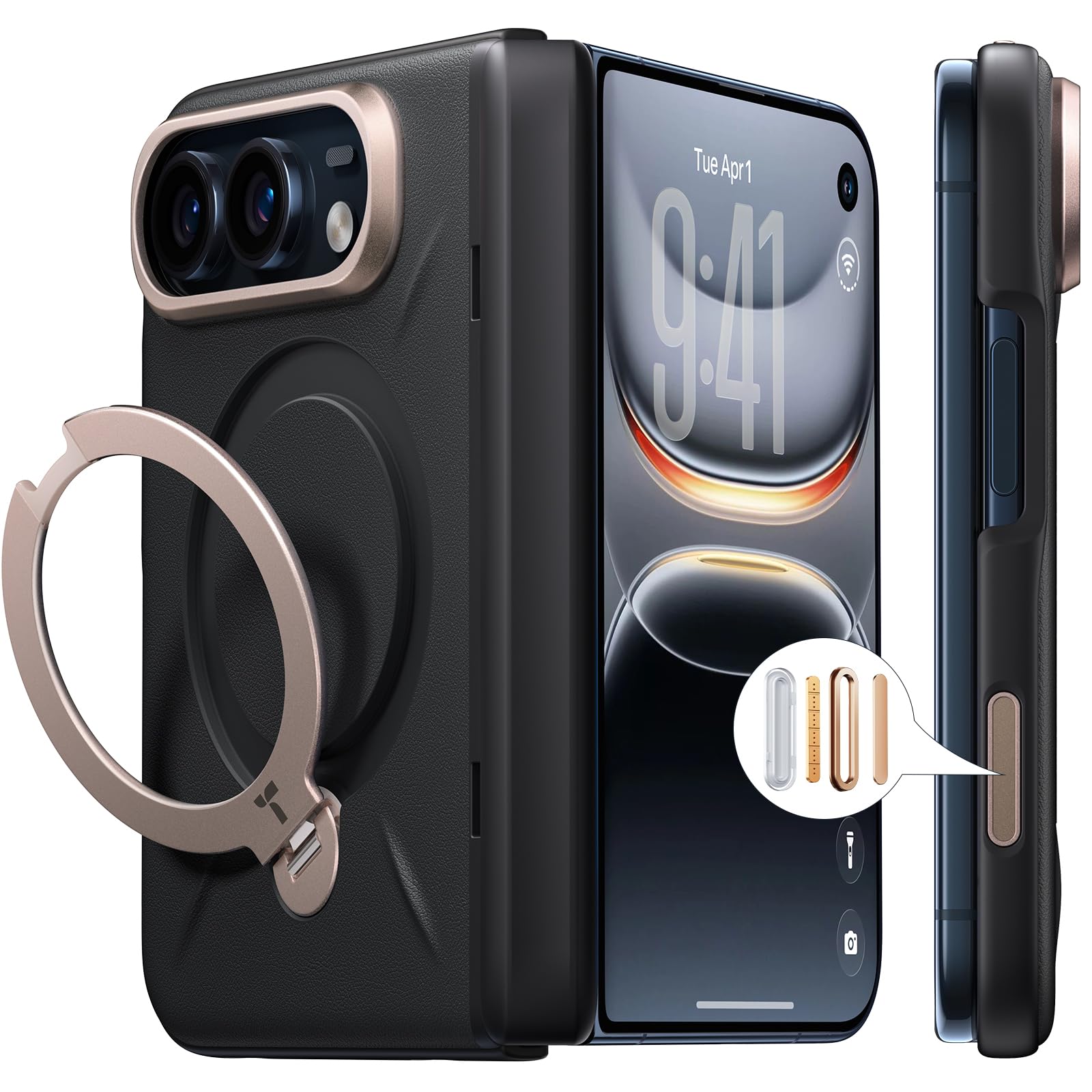 TORRAS iPhone Duo 用 ケース「Ostand Q3 レザートーン」新感覚レザー MagSafe対応 指紋防止 | スキンタッチ シリコンレザー ワイヤレス充電 360°定点回転リングスタンド 縦横両対応 耐衝撃 こくよう・ブラック