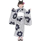 [SOUBIEN] 子供浴衣セット[浴衣+兵児帯] キッズ浴衣 創美苑オリジナル bonheur saisons ボヌールセゾン 紺色 ネイビー 白 縞 ストライプ 花 綿 紅梅織 夏祭り 花火大会 女の子用 女児 110cm 120cm 130cm