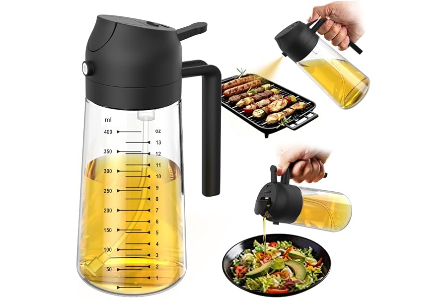 TrendPlain 470ml 2 in 1 Glass Olive Oil Spray Bottle - Olive Oil Dispenser for Cooking, Kitchen Tools, Air Fryer Accessories,
