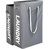 衣類収納用バスケット Caroeasサイズ約61cm携帯便利ランドリーバスケット高く細長型防水でき折りたたみ式旅行用ランドリーバスケット通気性いいメッシュカバーと柔らかいハンドル付きランドリーバッグ(グレー)