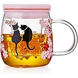 ポカロティー 耐熱ガラス茶こし付きマグカップ 透明 紅茶 温度で色が変わる桜猫カップ 和桜 春の日 桜満開 不思議な猫 幸せ 食洗機対応 取手蓋付き 恋愛結婚誕生日記念日お祝い 満水容量 480ml (適正 400ml)