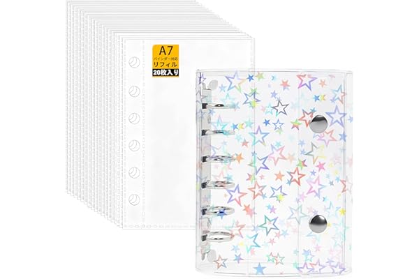SONGSONG シール帳 透明 女の子 6穴クリアバインダ はがせる シール シール手帳 バインダー クリアバインダー 小物整理 推し活グッズ （ホログラム星柄入り,A7バインダー × 厚手PPフィルム(20枚入り),14.5*11CM）