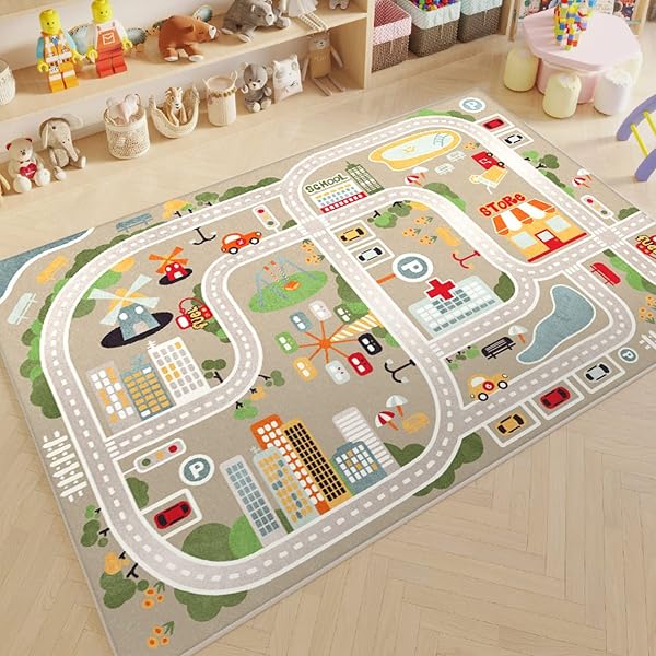 プレイマット ラグマット 子ども部屋 ベビー 新生活 キッズカーペット 道路柄 ゲーム 遊べる 3d柄 洗える 小学校 幼稚園 保育園 おしゃれ 薄手 滑り止めつき キッズルーム 冷房対策 掃除しやすい 140x200cm - 1