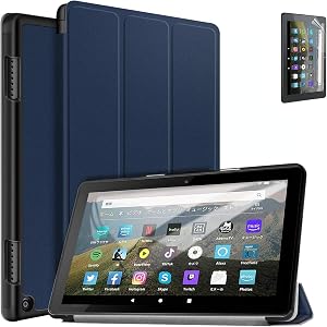 【ElekFX】NewモデルFire HD 8/Fire HD 8 Plus ケース(第十代、2020モデル適用) 三つ折り手帳型ケース スリム 磁石搭載 オートスリープ機能 新登場 Fire HD8/hd8 plus 2020 Newモデル PU レザーカバー スタンド機能 耐衝撃保護フィルム1枚付き(ネイビー)