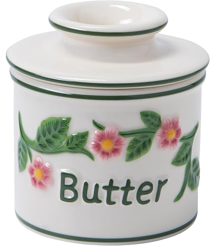 Floral Ceramic Butter Crock With Lid - Airtight Butter Keeper, Countertop Storage, Pink & Yellow Decor - View #11