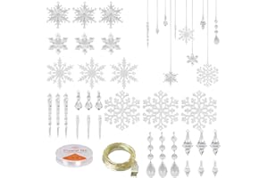 CINECE クリスマス 飾り ツリー オーナメント 10種類・32点 LEDライト付き ドロップ つらら 氷柱 雪の結晶 糸付き アクリル パーティー 壁 掛け 玄関（10種類・32点 USB式）