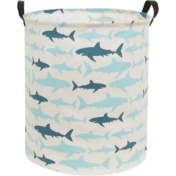 HIYAGON Aufbewahrungskorb Rechteckig – Ramie-Baumwolle, Faltbar, Mit Griffen, Blue Shark Design