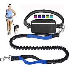 Hands Free Dog Leash for Running Walking Training Hiking, Dual-Handle Reflective Bungee, Poop Bag Dispenser Pouch, Adjustable