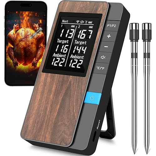 Kisfam Wireless Meat Thermometer with Dual Probe, Bluetooth Thermometer with Temperature Alarm and Timer, IP67 Waterproof, 15