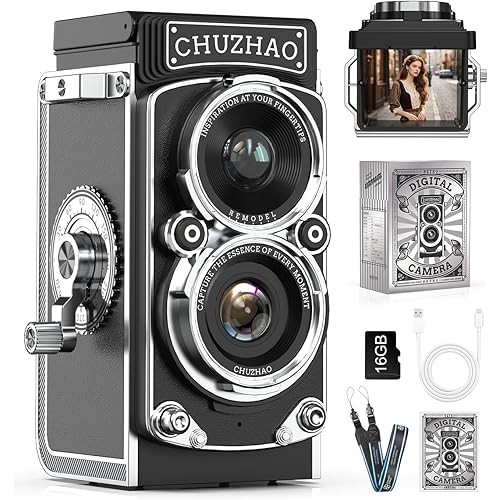 CHUZHAO ミニレトロカメラ: 1080Pミニレトロデジタルトイカメラ12MPオートフォーカス 二眼レフカメラ1.54インチ画面 軽量 携帯 デジタル TLR 16GB SDカード付き Type-C充電 初心者 子供 ティーンエイジャー 大人向け