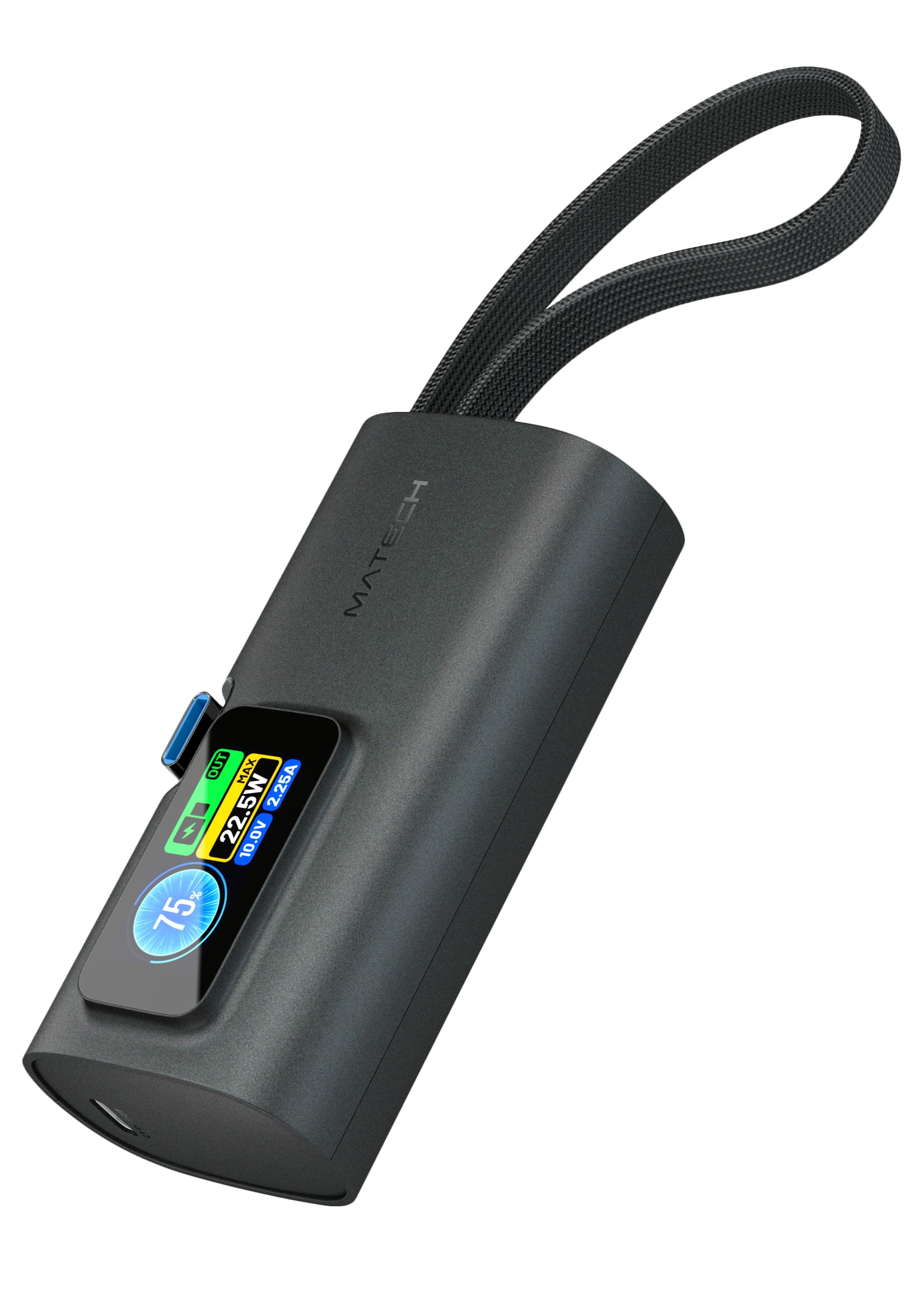 MATECH PowerNano 5000 (22.5W, USB-Cケーブル & コネクタ一体型) モバイルバッテリー 5000mAh 軽量 小型 コンパクト【USB-C一体型】iPhone18/17/16/Switch2対応 (ブラック, 通常版