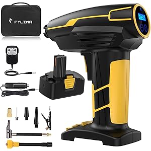 FYLINA 電動エアコンプレッサー コンプレッサー エアーコンプレッサー 空気入れ 電動 コードレス エアーポンプ LEDライト付き コンパクト 軽量 充電式 2200mAh電池タイヤ 車 自動車 自転車 ロードバイク ボール 浮輪適用 収納バック付き 日本語取扱説明書付き