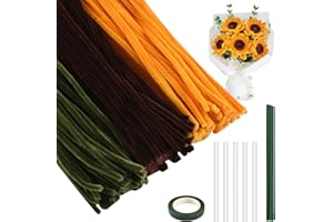 手芸モール ひまわりの手芸キット オレンジ＋グリーン+コーヒー色 約300本 6ｍｍ カラーモール 人工花茎20本 フラワーテープ1巻付き DIY モールフラワー インテリア飾り/手芸用 工作モール 記念日/誕生日/母の日/バレンタインデー贈り物【改