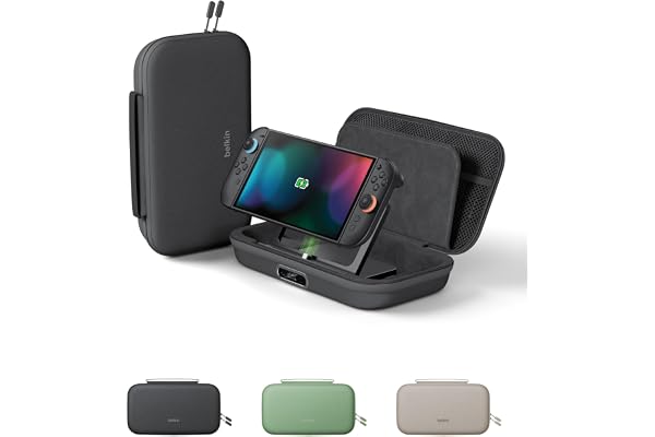 Belkin Nintendo Switch 2 ケース 10000mAh 大容量バッテリー内蔵 30W急速充電 スタンド付き チャコールグレー | PD30W対応の着脱式モバイルバッテリー、収納しながら給電可能、ゲームカード12枚収納、耐衝撃EVAハードケース、外出先でも快適にプレイ