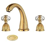 YANNLII 光沢光沢ゴールドワイドバスルームシンク蛇口、2つのクリスタルハンドル3穴真鍮洗面台蛇口、8-16インチ洗面台ミキサータップ、ポップアップドレインアセンブリ付き
