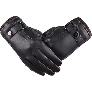 AMOVO メンズ 手袋 スマホ対応 裏起毛 手首にニットカラス ボタン飾り 防寒 撥水 防風 レザー グローブ(方形飾…