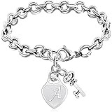malyunin Initial Bracelets Key Heart Charm Bracelets for Women Charms Bracelet for Girls Stainless Steel Bracelet 26 Letters 