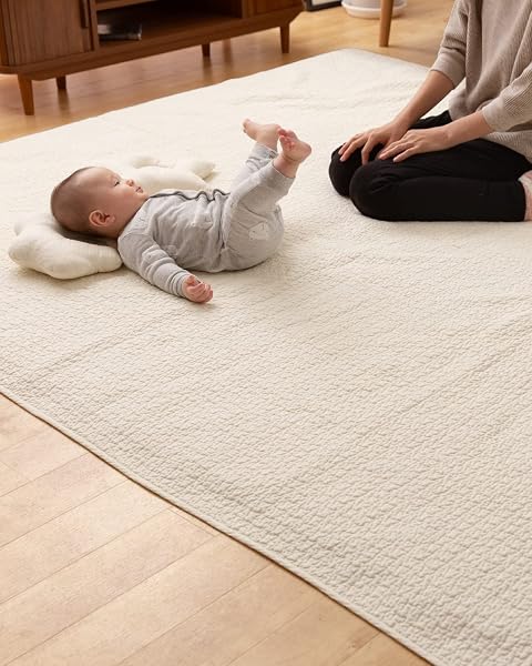 Niceday Mofua IBUL 36203908 Multi-Purpose Cover, Quilted, 100% Cotton, Cloud Pattern, Rug/Sofa Cover, Bedspread, Play Mat, Low Formaldehyde, Washable, Size S, 4.9 x 6.6 Feet (150 x 200 cm), Ivory - 1