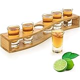 ショットグラスセット - 30ml ショットグラス ホルダーセット 竹製サービングトレイ ショットグラス6点セット テキーラウイスキー ウォッカスピリットパーティー用 (6個)