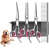 MGOXO トリミング ハサミ 犬用グルーミングはさみキット プロフェッショナルな トリミングシザー 安全な丸い先端部 ステンレス製 すきバサミ/ストレートバサミ/カーブバサミ/長い・短い毛用のくし 初心者向け