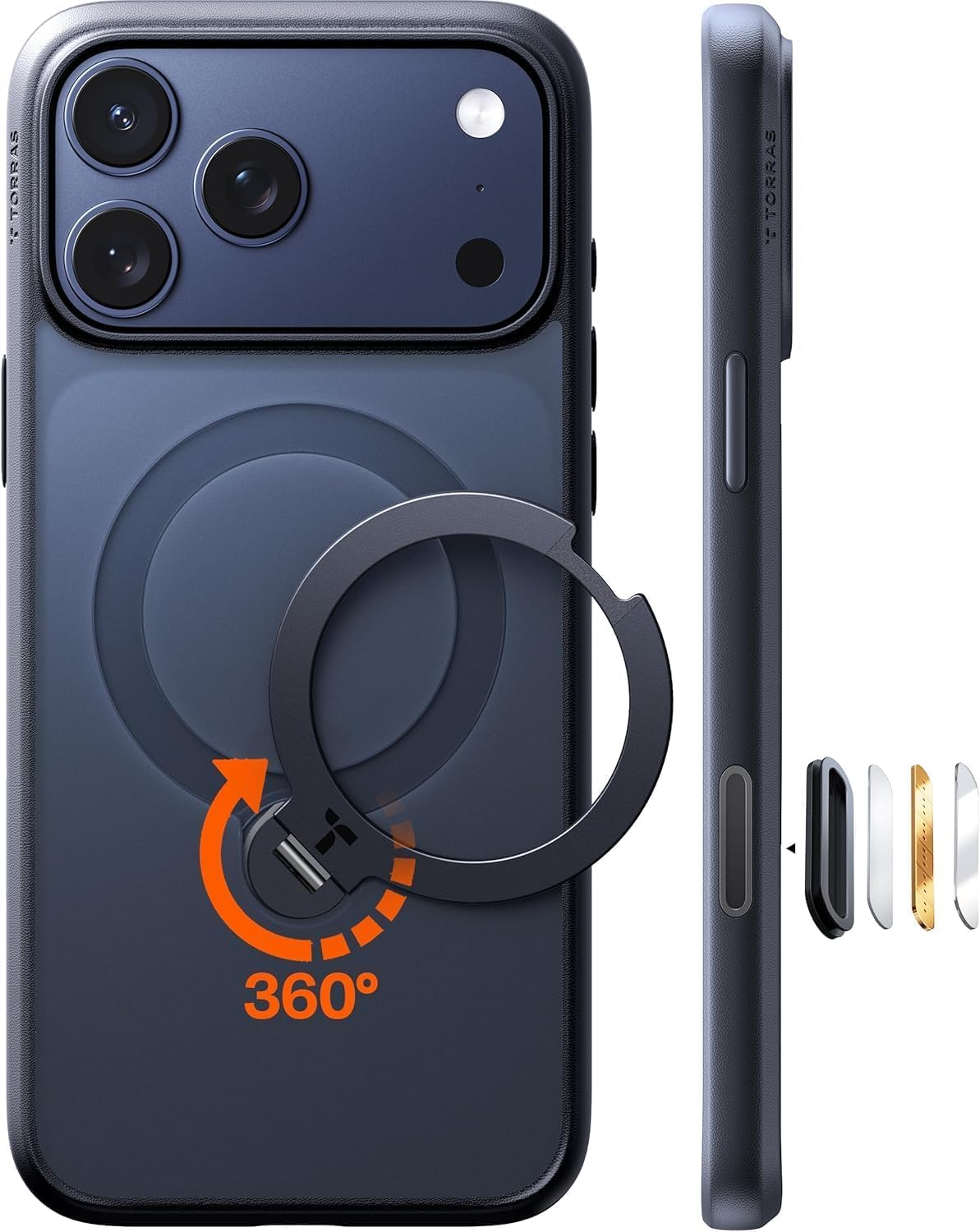 TORRAS iPhone 18 Pro 用ケース【多機能一体・360°ゼンマイ式スタンド】リング 3倍米軍MIL規格 Magsafe対応 ブラック | 縦横両対応スタンド 手持ち可能リング 18N 強磁力 Qi2.2 25W 高速充電対応 指紋防止