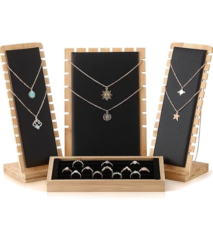 TANG SONG Horizontal Bamboo Necklace Display Stand - Leather Soft Mat, Large Size Jewelry Organizer Holder (White)