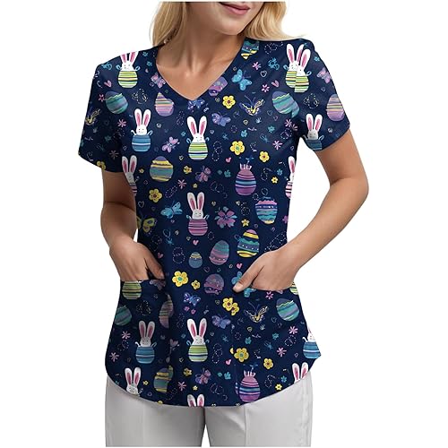 Women's Easter Printed Scrub Top Funny Cute Short Sleeve V-Neck Nursing Uniform Medical Professionals Holiday Work Shirt