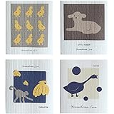 Longwu キッチンクロス セルロース スポンジワイプ 4枚 17x20cm オリジナルデザイン ふきん キッチンワイプ 水切りマット 天然繊維 吸水 速乾 抗菌