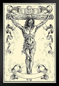 Amazon 十字架の上のイエス キリストイラスト アートプリント ブラックウッドフレームポスター 14x インテリア オンライン通販