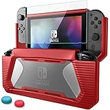 Switch カバー【HEYSTOP】 ニンテンドースイッチ ケース + Switch ガラスフィルム＋親指キャップ TPU+PC製 全面保護 衝撃吸収 傷防止 取り外し簡単 指紋防止 気泡ゼロ 高透過率 高感度 レッド