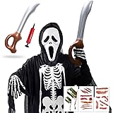 [Goreson] ハロウィン コスプレ仮装 大人 衣装 ハロウィン仮装 ボーン スカル 死神コスチューム 豪華8点セット「マスク+骸骨マント＋ハロウィンタトゥーシール+手袋+コスチューム道具+空気入れ付き」コスチューム 男女兼用