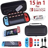 Nintendo Switch ケース 15 in 1 セット【収納バッグ+PC全面カバー+2個Joy-Con用TPUカバー+2枚9Hガラスフィルム+ 4in1ゲームカードケース+6個親指キャップ+TypeC 充電ケーブル】スイッチキート