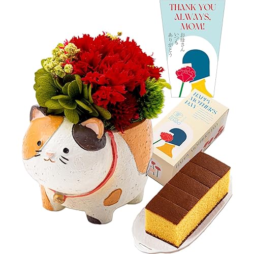 長崎心泉堂 母の日 花とお菓子 プリザーブド フラワー ギフト プレゼント まるっと 三毛猫 レッド 和菓子 母の日カステラ セット アニマル MDPE
