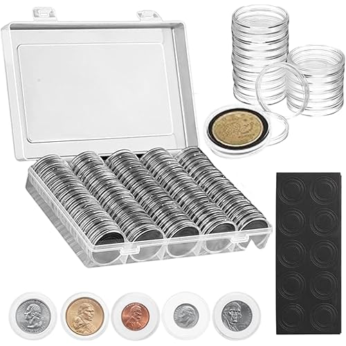 KFPPLXQ SPLF Professional Coin Collection Storage Set, 100 Clear Plastic 30mm Capsule Holders, 100 Multi-Size Gaskets, Protec