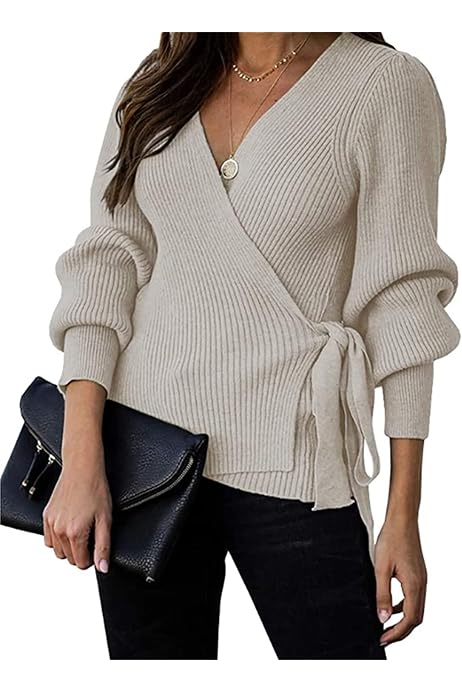 Long Balloon Sleeves Sweater Top V Neck 