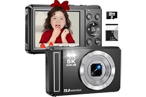 5K デジカメ 7200万画素 デジタルカメラ AFオートフォーカス 2.8 インチスクリーン 16 倍デジタルズーム 定時撮影 内蔵フラッシュ 自撮り マイクロSDカード付き コンパクト VLOG 初心者向け 軽量 携帯便利 初心者 誕生日 旅行