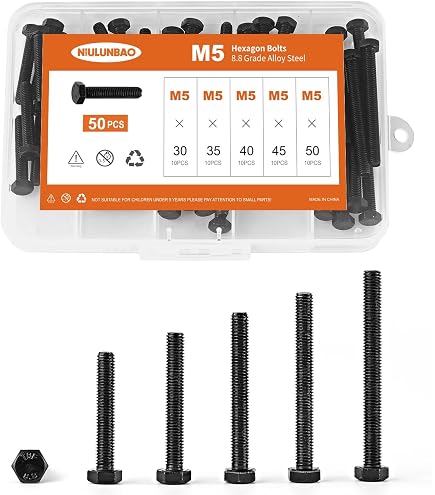 50-Pack M5-0.8 X 25mm Hex Head Bolts – Grade 8.8 Carbon Steel, Black Oxide, Full Thread, Industrial & DIY