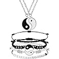 6 Pieces Matching Yin Yang Friend Couple Bracelets with Necklace Set, Adjustable Waterproof Handmade Cord Relationship Bracel