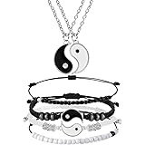 6 Pieces Matching Yin Yang Friend Couple Bracelets with Necklace Set, Adjustable Waterproof Handmade Cord Relationship Bracel
