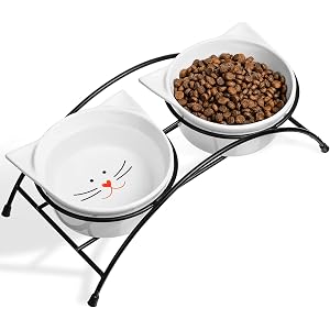ZNWIYE ペットボウル 猫 食器 フードボウルスタンドセット 猫柄 陶器 えさ入れ ごはん皿 お水入れ 可愛い猫耳のデザイン 猫 犬