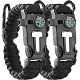 2 Pack Adjustable Paracord Bracelets Kit, Ourtdoor Survival Bracelets Gift with Firestart Whistle Loudest Camping Compass