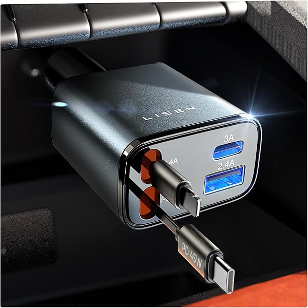 LISEN 車 充電器 巻き取りしがーソケット usb【2026年新・PD45W急速充電・最小4in1】シガーソケット USB-C + USB-L PD3.1/QC3.0/PPS対応 80cmケーブル カー用品 便利グッズ 車内 60プリウス・カローラクロス・デリカd5・ジムニー アクセサリー 車12V/24V対応 iPhone全機種・Switch・iPad・USB-C端末全対応 父の日プレゼント - 1