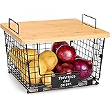 Kitchen Counter Basket with Bamboo Top - Countertop Organizer for Produce, Fruit, Vegetable (Onion, Potato), Bread, K-Cup Cof
