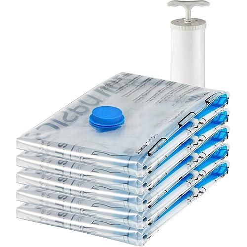 Amazon Basics Reusable Vacuum Compression Storage Bags with Free Hand Pump - Large, 5-Pack - Best for Travel Packing