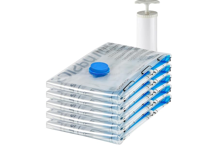 Amazon Basics Reusable Vacuum Compression Storage Bags with Free Hand Pump - Large, 5-Pack - Best for Travel Packing